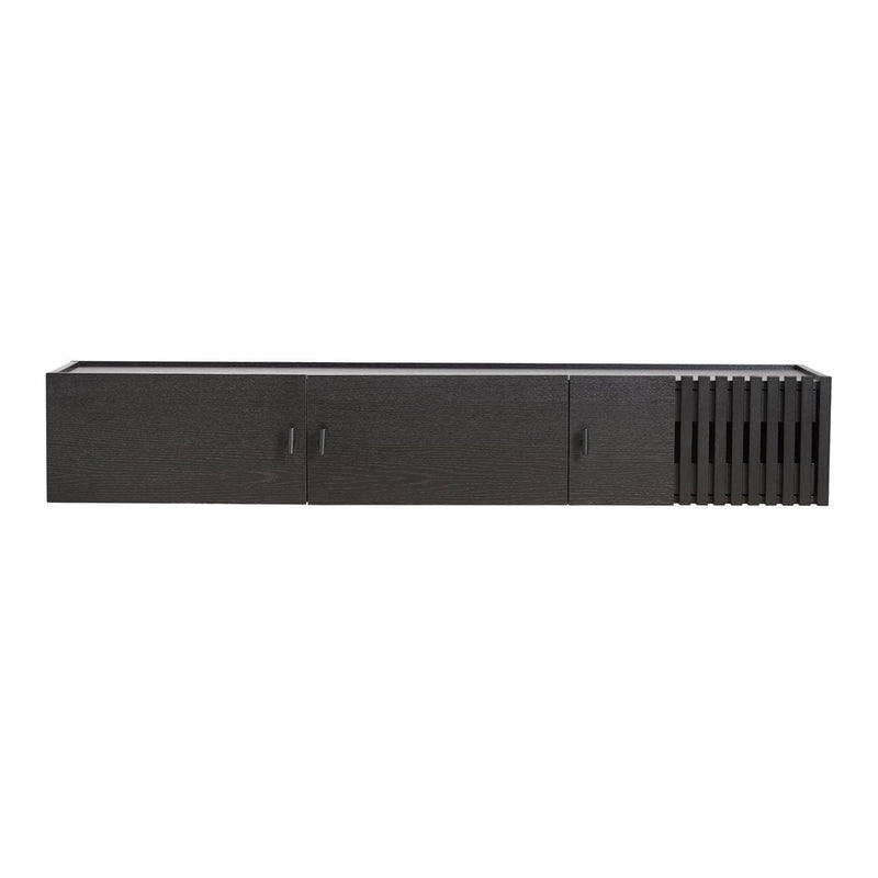 Sleek black wooden TV stand with a minimalist design featuring horizontal grooves and smooth surfaces.