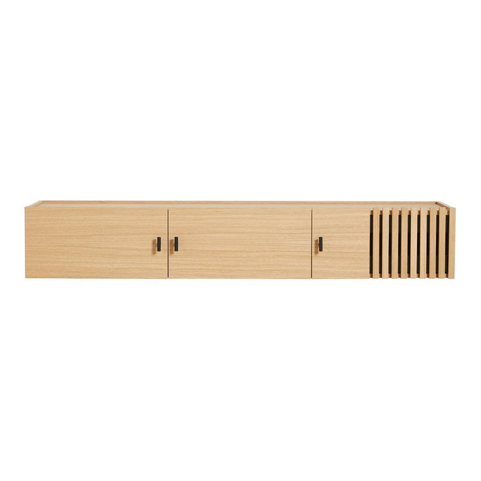 Light natural wood TV cabinet with a smooth finish, featuring horizontal paneling and slatted details.