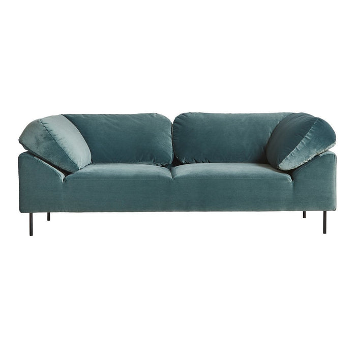 Teal velvet sofa with a modern design, featuring soft, curved cushions and sleek black legs.