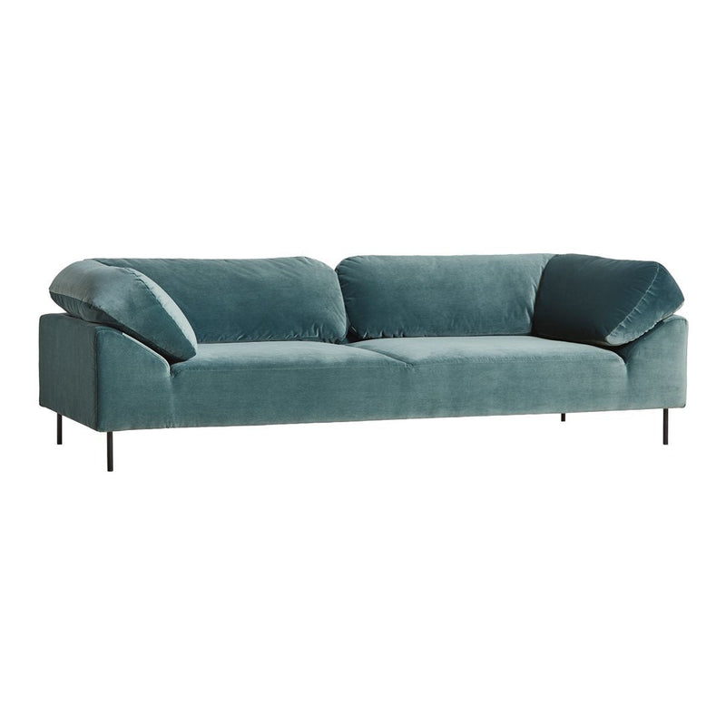 Teal velvet sofa with a sleek, modern design and plush, oversized armrests. Perfect for contemporary living spaces.