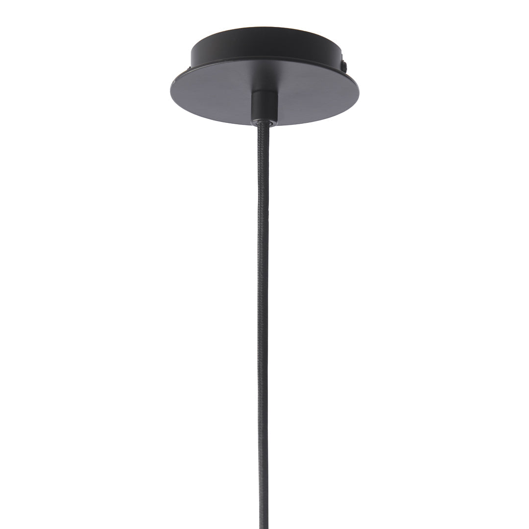 Black ceiling pendant with a smooth round base and a sleek, thin hanging cord. Modern and minimalist design.