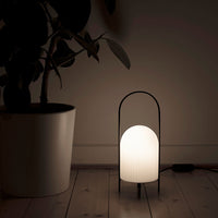 Modern white glass lamp with ribbed texture, set against a dark background and contrasting with a green plant.