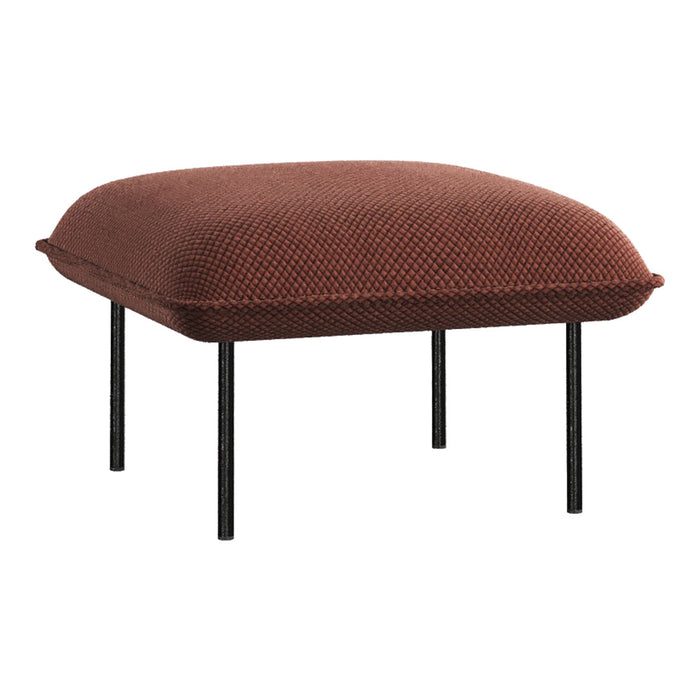 Rust-colored pouf with a textured pattern and black metal legs, ideal for modern interiors.