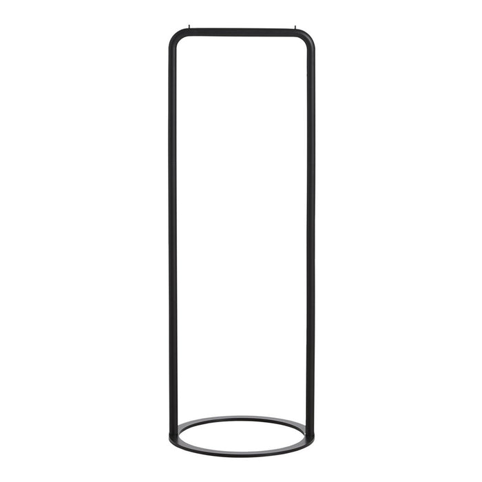 "Minimalist black metal clothing rack with a sleek, modern design and smooth finish."