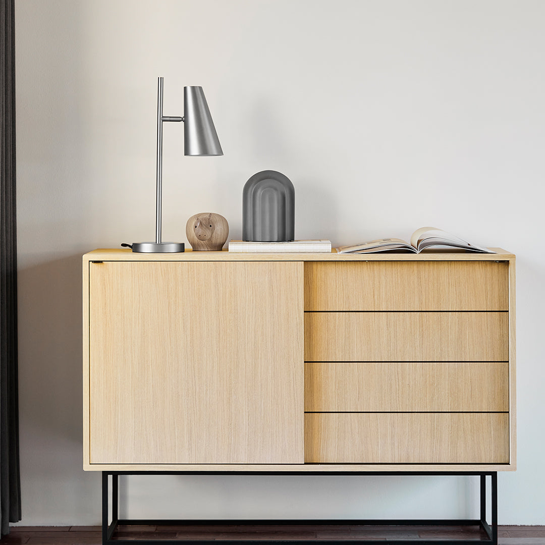 Natural wood finish with sleek black metal legs; minimalist design featuring smooth surfaces and clean lines.