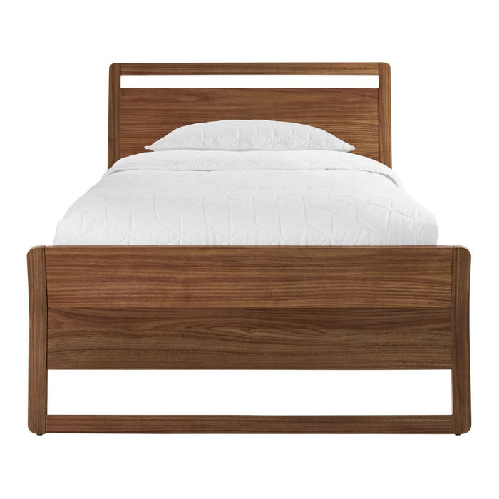 Natural wood grain bed frame with a warm walnut finish, complemented by crisp white bedding. Simple, modern design.