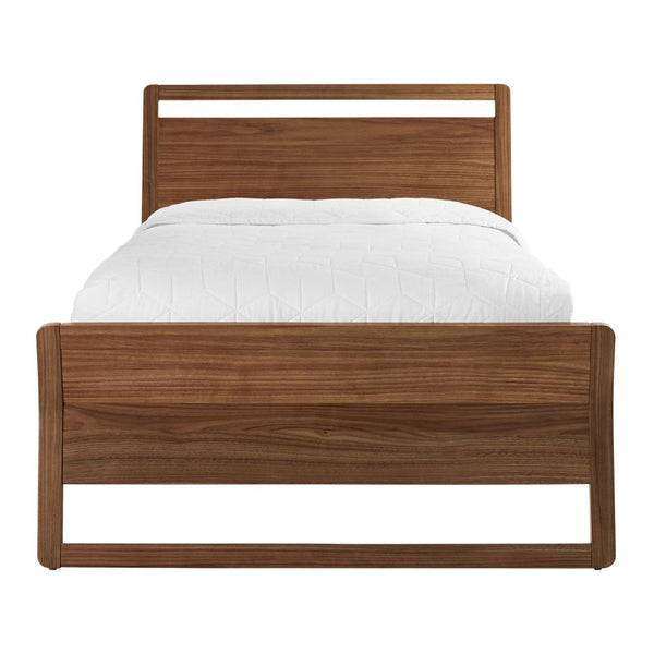 "Modern walnut bed frame with a smooth wood finish and a crisp white bedding."
