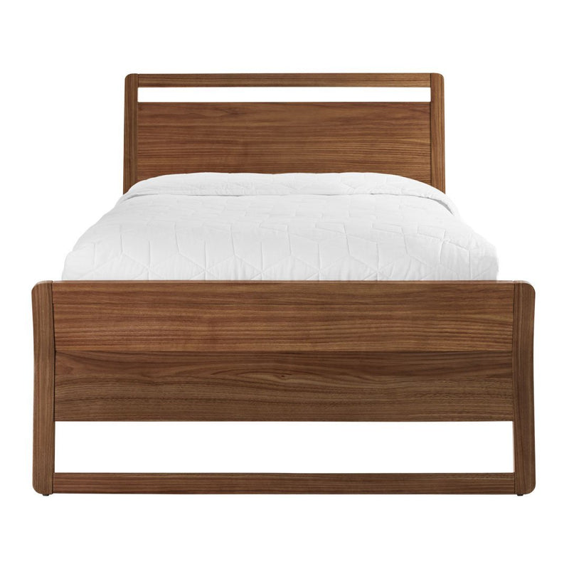 "Modern walnut bed frame with a smooth wood finish and a crisp white bedding."
