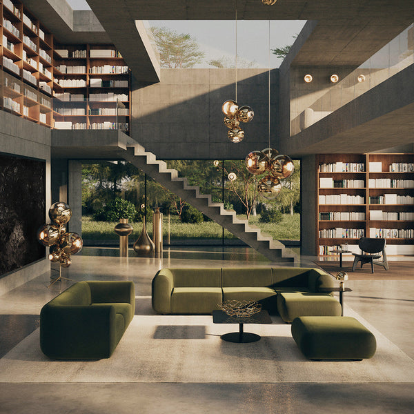 "Modern living room with green plush sofa, geometric patterns, and natural wood accents in a minimalist design."