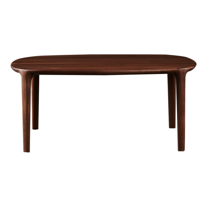 Wooden coffee table in rich, dark brown with a smooth, oval top and tapered legs for a modern touch.