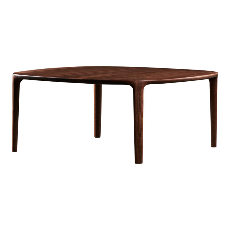 Dark walnut wood coffee table with smooth, rounded edges and a minimalist design. Perfect for modern interiors.