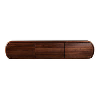 Sleek walnut sideboard featuring rich brown tones and smooth, minimalist design with three drawer fronts.