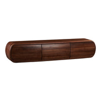 Modern wooden sideboard with a rich walnut finish and sleek, curved edges, featuring three subtle drawer fronts.