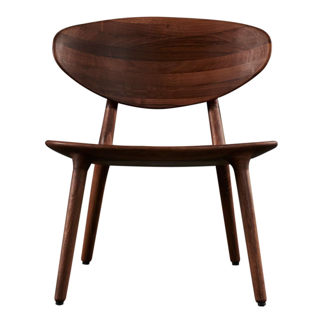Mid-century modern chair in rich walnut finish with smooth lines and natural wood texture.