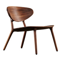 Modern wooden chair with a rich walnut finish and sleek, minimalist design. Smooth curves and tapered legs.