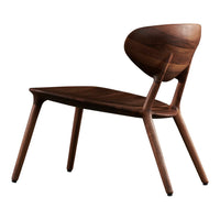 "Brown wooden chair with a smooth, curved silhouette and minimalist design."