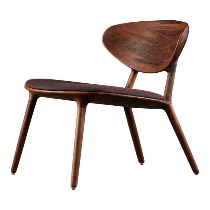 "Mid-century modern chair in rich walnut wood with smooth, curved lines and a dark, polished finish."