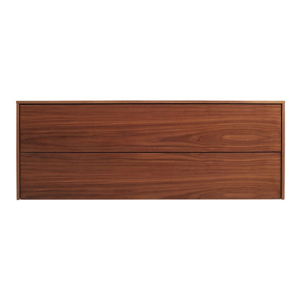 Wooden drawer front in rich walnut finish with sleek, horizontal grain pattern. Modern and minimalistic design.