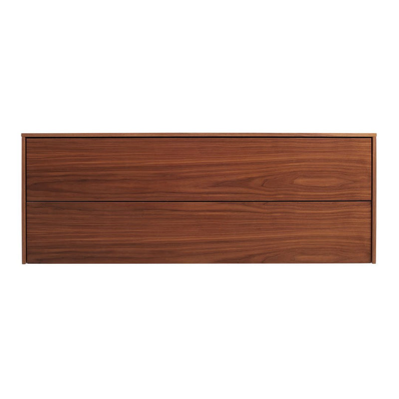 Wooden drawer front in rich walnut finish with sleek, horizontal grain pattern. Modern and minimalistic design.