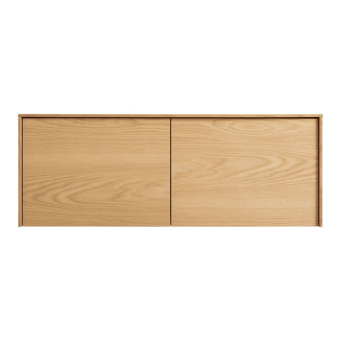 Light oak wood storage cabinet with a smooth, natural grain pattern and two sliding doors. Minimalist design.