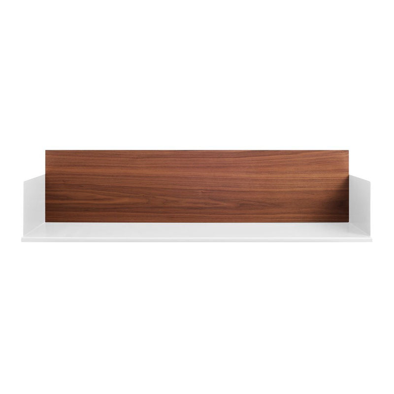 Wooden wall shelf with rich walnut finish and sleek white brackets for modern decor.