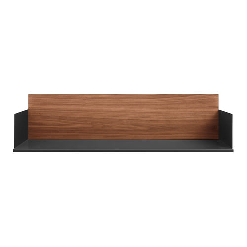 Wooden shelf with a rich walnut finish and sleek black metal accents, featuring a minimalist design.