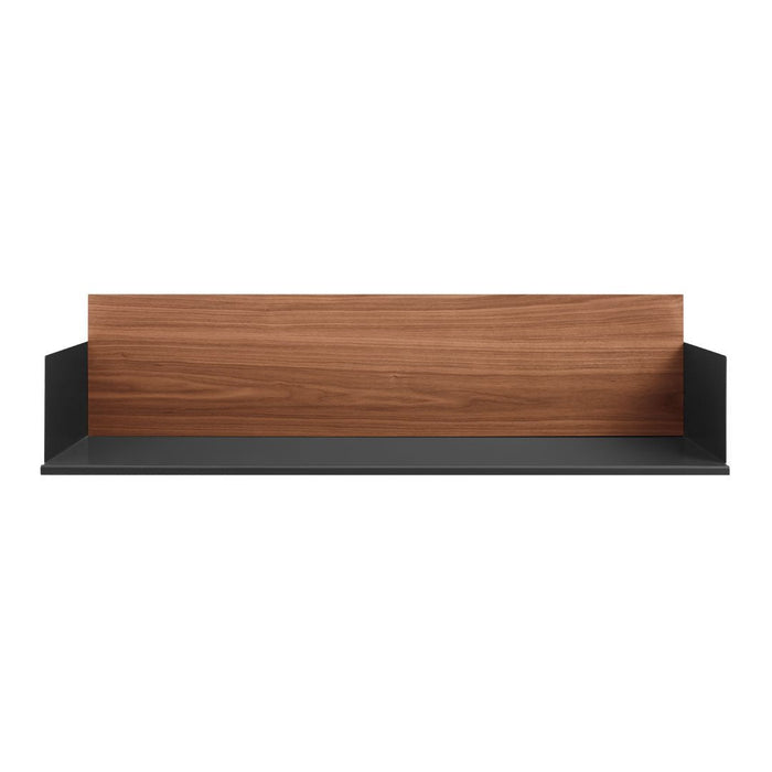 Wooden shelf with a rich walnut finish and sleek black metal accents, featuring a minimalist design.