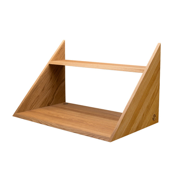 Natural wood shelf with light and dark wooden tones, featuring a geometric design and smooth finishes. Ideal for modern decor.