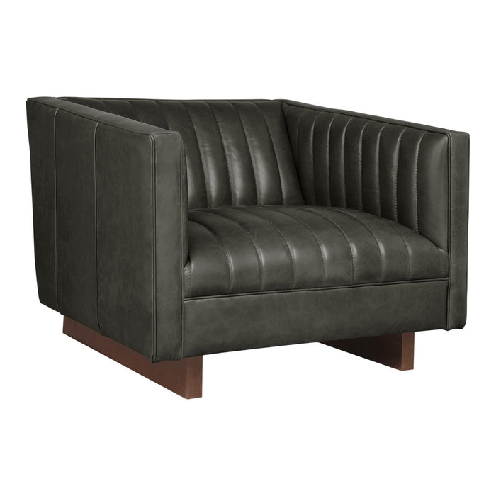 Dark green leather armchair with vertical ribbed pattern and wooden base, adding a modern touch to any space.