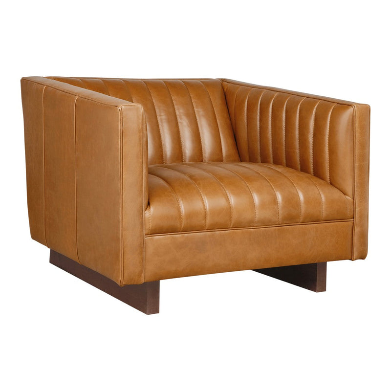 Tan leather armchair with horizontal ribbed pattern and brown wooden legs. Stylish and modern accent furniture piece.