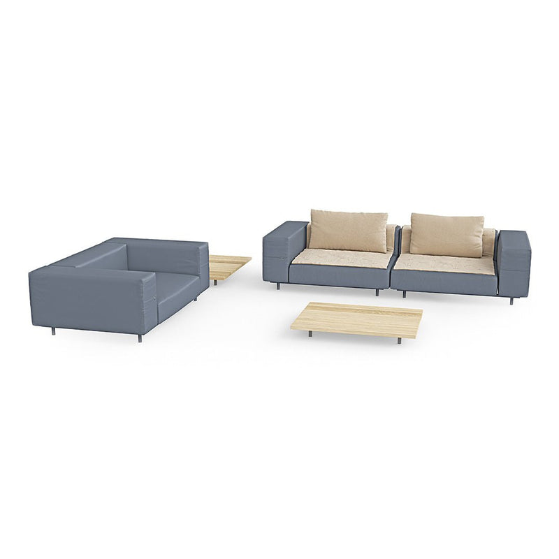 Modern gray sofa set with beige cushions and a minimalist wooden coffee table. Ideal for contemporary living spaces.