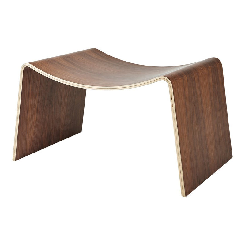 Sleek, modern wooden bench in rich walnut finish with smooth, curved lines and contrasting light edges.