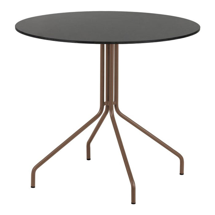 Round black tabletop with a sleek brown metal base. Perfect blend of modern style and versatility.