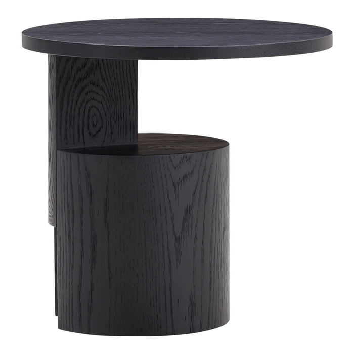 Black round side table with a sleek, minimal design and contrasting textured patterns. Perfect for modern decor.