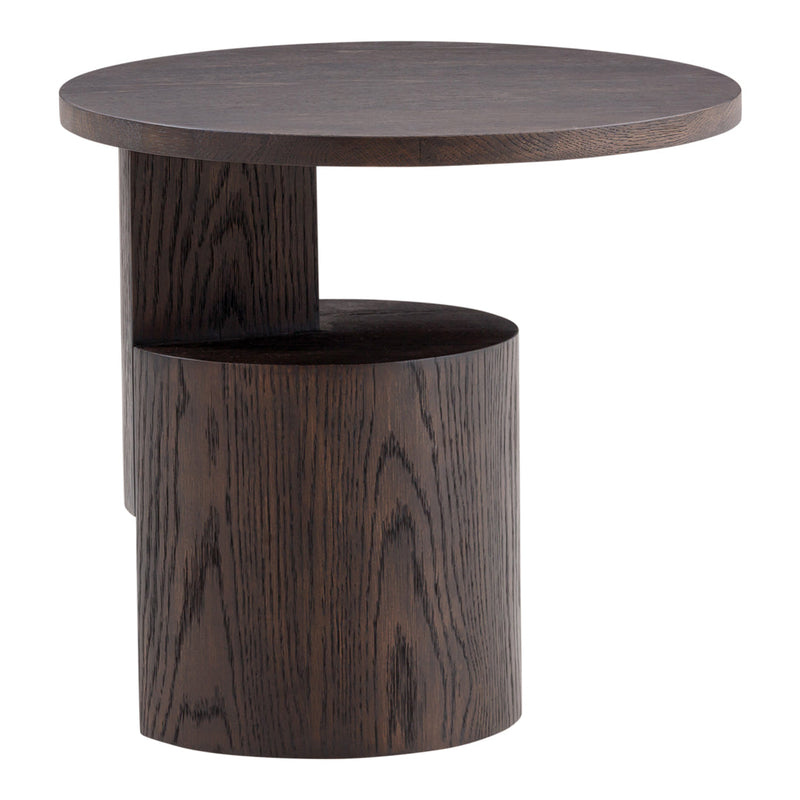 Dark wood round side table with a sleek cylindrical base and smooth surface, showcasing rich grain patterns.