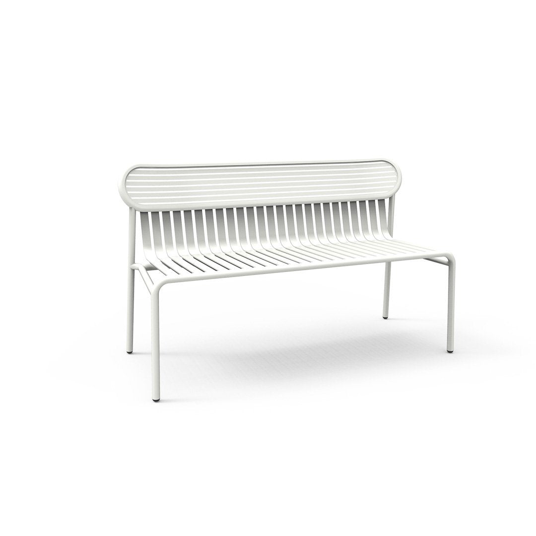 White slatted metal bench with a simple, modern design and clean lines, perfect for outdoor or indoor use.