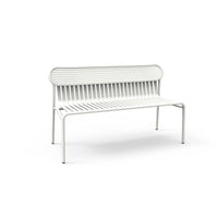 White slatted metal bench with a simple, modern design and clean lines, perfect for outdoor or indoor use.