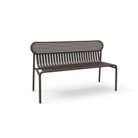 Brown metal bench with sleek, horizontal striped design, perfect for stylish outdoor seating.