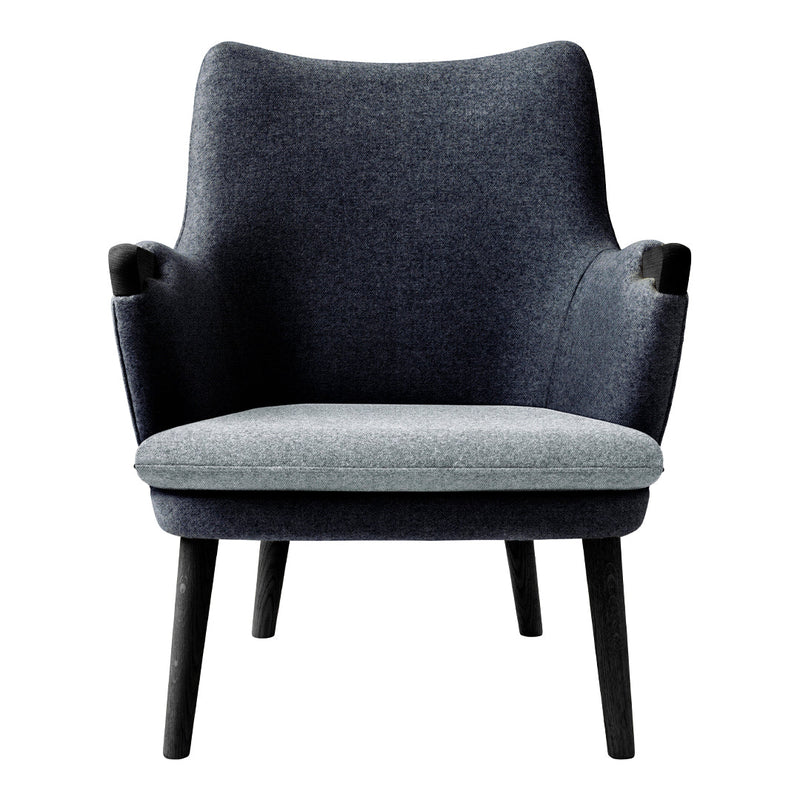 Gray and dark gray upholstery armchair with a minimalist design and black wooden legs.
