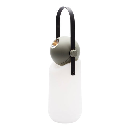 Modern lamp with a matte white body and a rounded olive green shade, featuring a sleek black handle.