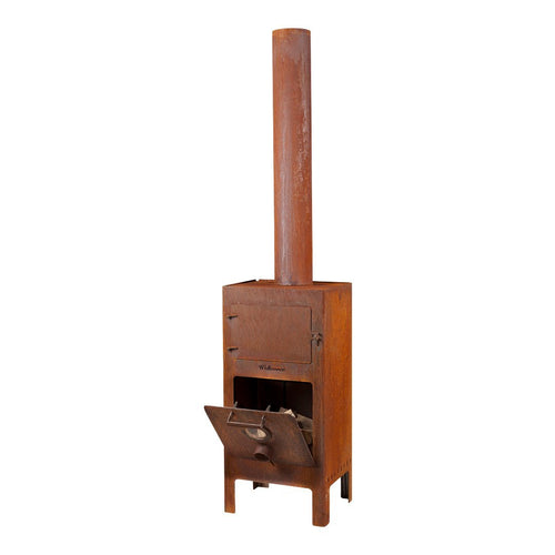 Rustic brown metal outdoor stove with a tall chimney and a simple, industrial design. Perfect for cozy gatherings.