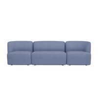 Sleek, modern sofa in soft blue fabric with a smooth, minimalist design and no visible patterns.