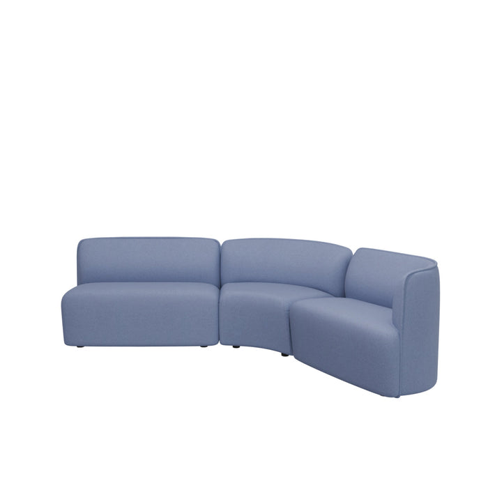 Light blue curved sectional sofa with a smooth, modern design and minimalist lines, perfect for contemporary decor.