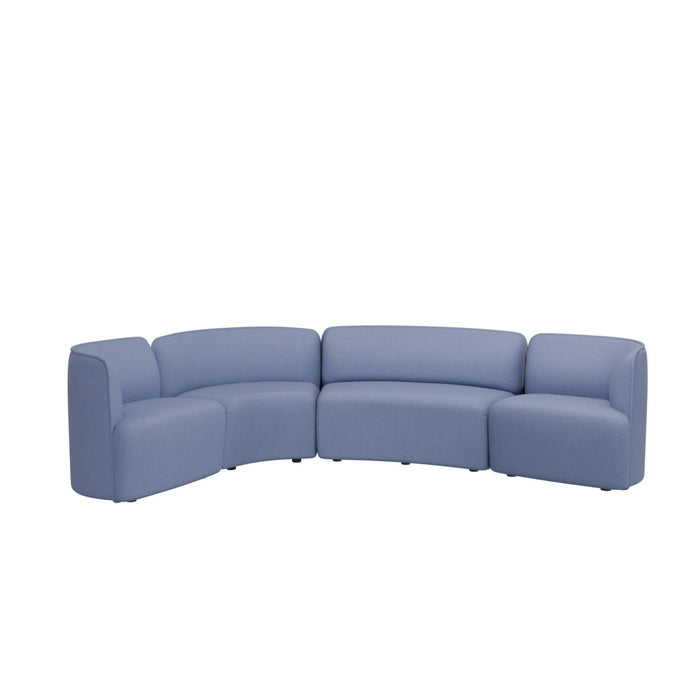 Curved light blue sectional sofa with smooth, solid fabric and contemporary design. Ideal for modern living spaces.