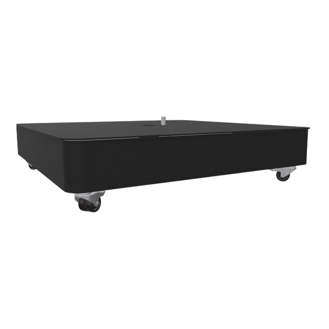 Black wheeled platform with a smooth finish, featuring a sleek, minimalist design. Perfect for versatile use.