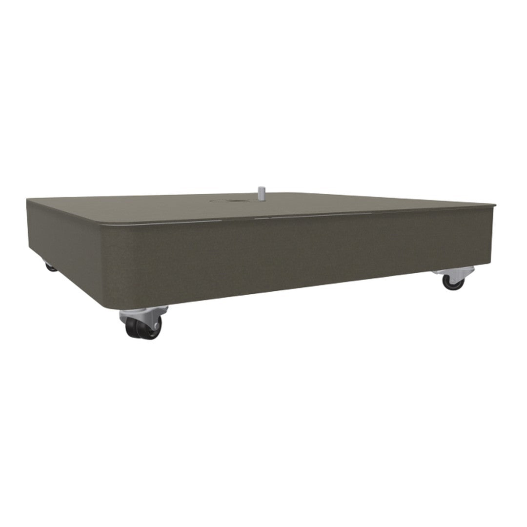 Dark olive green square base with smooth edges and silver wheels for easy mobility.
