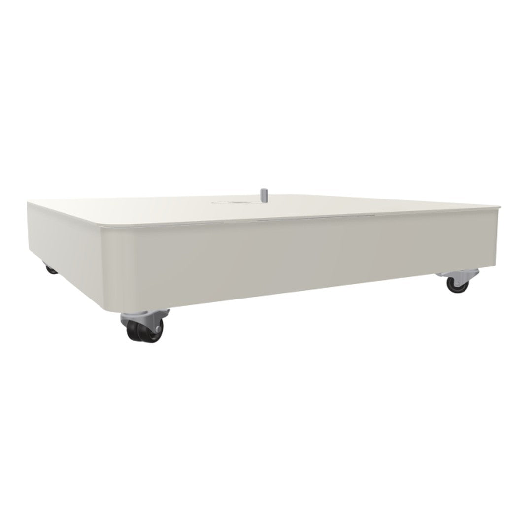 Cream-colored platform on wheels with a sleek, smooth surface and minimalistic design. Ideal for versatile use.