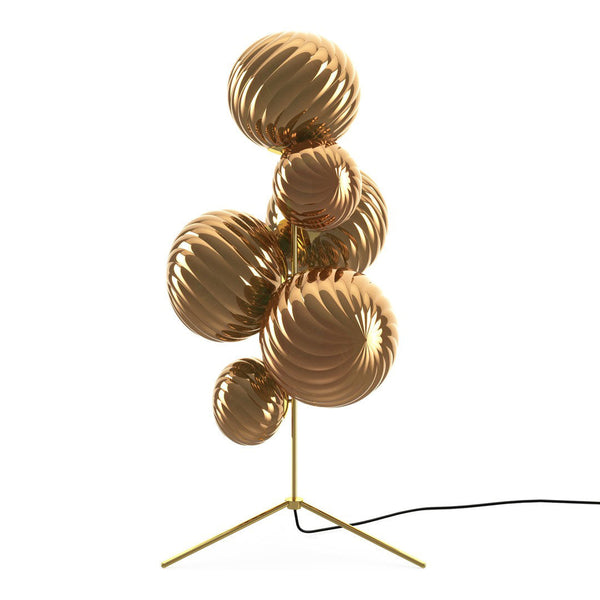 Sleek gold and bronze lamp design featuring textured, swirling patterns on spherical shades.