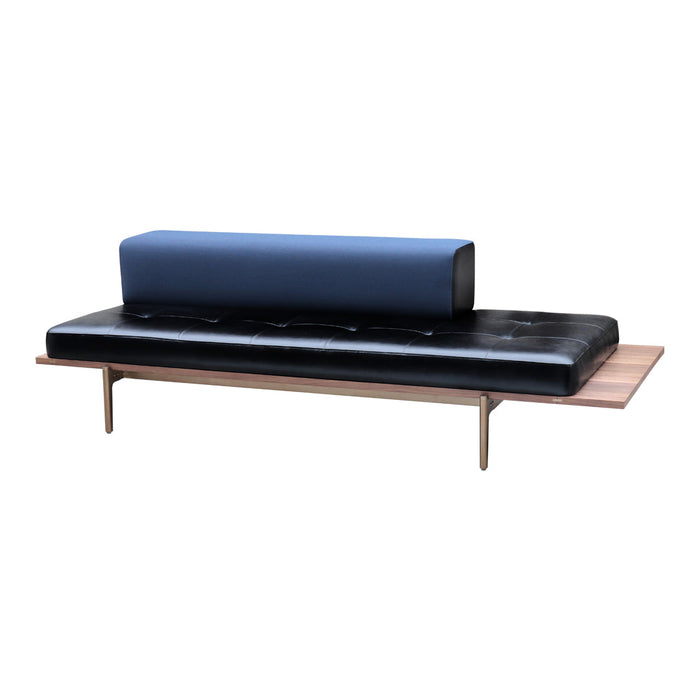 Contemporary black and blue sofa with a minimalistic design and sleek wooden base. Perfect for modern interiors.