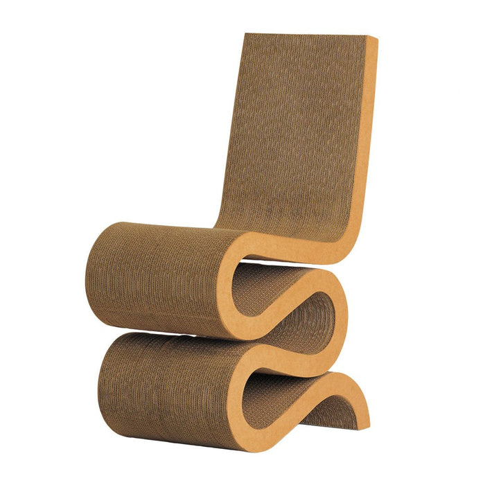 Brown and tan wavy chair with a smooth, curved design featuring a minimalistic, modern pattern.